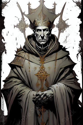 A fantasy board game card/colouring book page: Archbishop/Cardinal/Pope, catholic religious leader. AI-generated