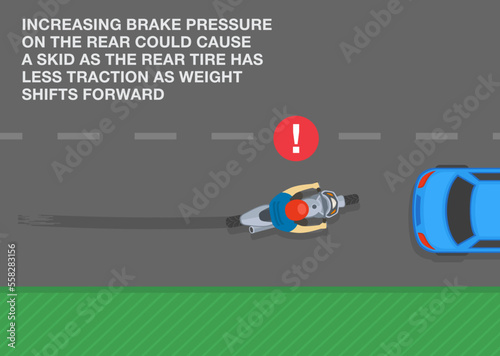 Safe motorcycle riding rules and tips. Increasing brake pressure on the rear could cause a skid. Top view of moto rider skidding on road. Flat vector illustration template.