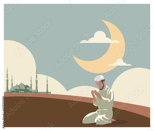 Vector illustration of Muslim Man Making Traditional Prayer To God in Ramadan celebration Panoramic scene of traveler Muslim life in the desert. cartoon vector of mosque,dust,sand,desert and prayer.