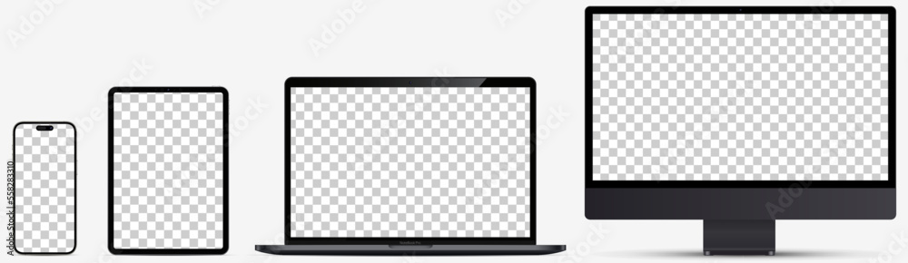 Set of  realistic device screen mockup. Smartphone, tablet, laptop and computer monitor, with blank screen for you design. Vector illustration 2022-2023 - obrazy, fototapety, plakaty 
