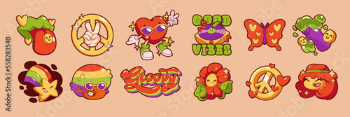 Groovy stickers, hippie icons with flower, rainbow, butterfly, peace sign and heart. Retro rave badges with peace hand gesture, love symbol, man and girl hippy, vector set in contemporary style