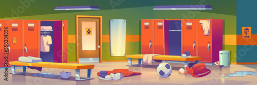 Messy locker room with clutter, soccer ball, clothes, shoes, bag, trash and water on floor. School gym dressing room interior with lockers, benches, mirror, vector illustration in contemporary style