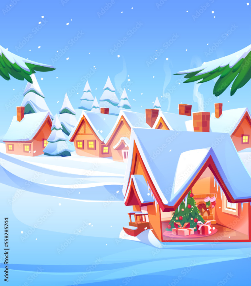 Winter village landscape with decorated Christmas tree and gifts inside house covered in snow. Cartoon vector illustration of settlement surrounded by forest under blue sky. Holiday card background