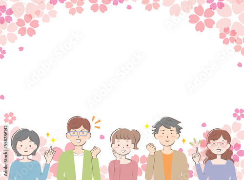 桜とカジュアル姿の若い男女のフレーム　笑顔