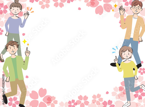 桜とカジュアル姿の若い男女のフレーム　笑顔