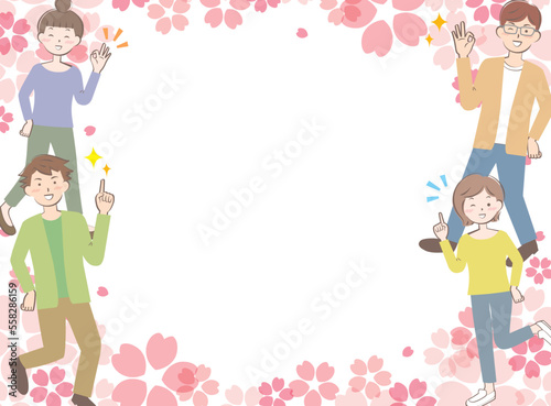 桜とカジュアル姿の若い男女のフレーム　笑顔