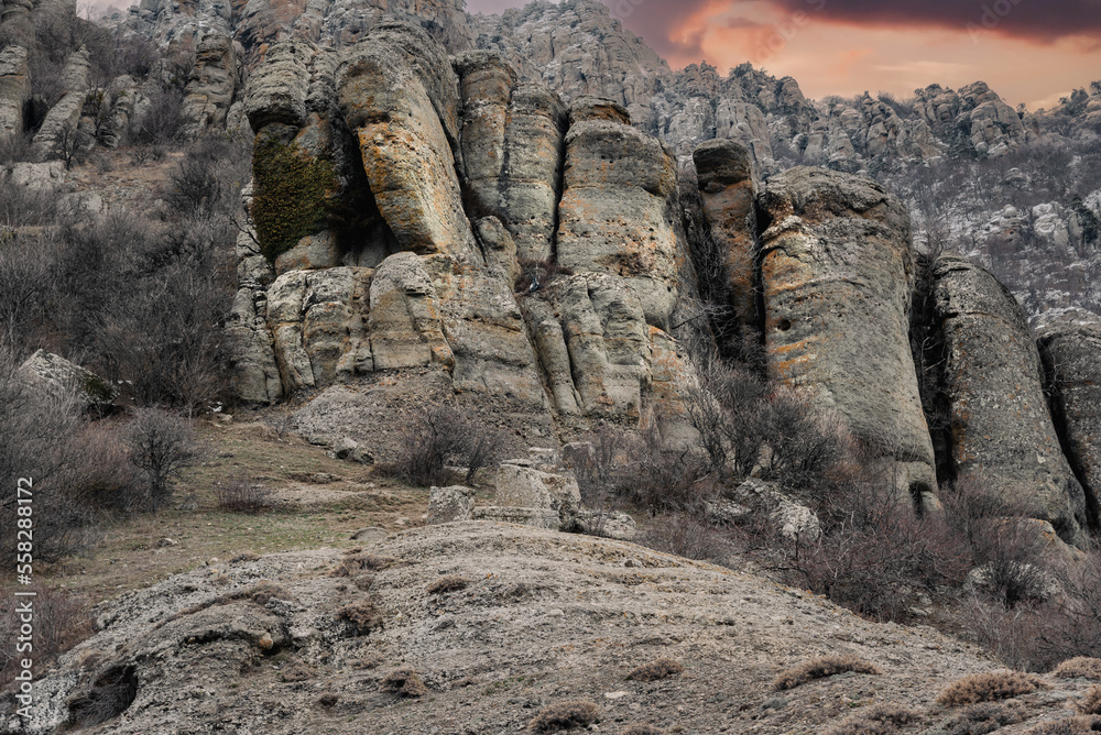 Bizarre rocks of Valley of ghosts on Mount Demerdzhi in spring. Crimea Bizarre rocks of Valley of ghosts on Mount Demerdzhi in spring. Crimea