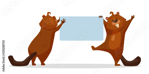 Cute comic beavers holding empty banner vector illustration. Cartoon drawing of funny rodents with blank announcement isolated on white background. Information, advertisement, wildlife concept