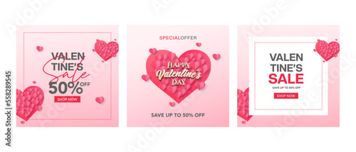 Valentine's Day holidays square templates.Social media post with geometric hearts.Sales promotion on Valentine's Day.Vector illustration for greeting card, mobile apps, banner design and web ads