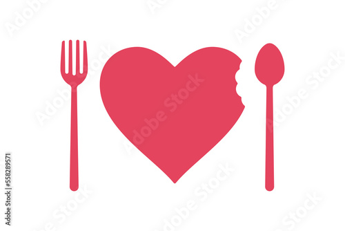 Heart shape bite mark with spoon and fork red pink isolated on transparent background in concept love for design elements of food menu, promotion poster in valentines day
