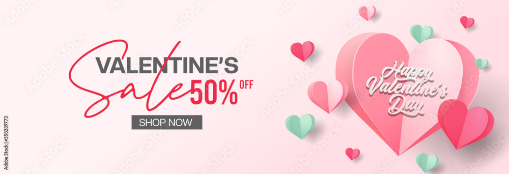 Happy Valentines Day header or sale banner. Red heart geometric background. Gift card, voucher design, poster template, place for text