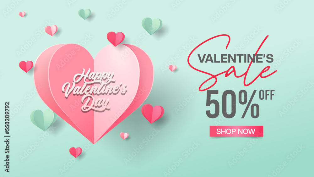 Valentine's day concept Background. Vector illustration. 3d red, pink and green paper hearts with frame on geometric background. Cute love sale banners or greeting cards