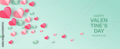 Valentine's day concept Background. Vector illustration. 3d red, pink and green paper hearts with frame on geometric background. Cute love sale banners or greeting cards