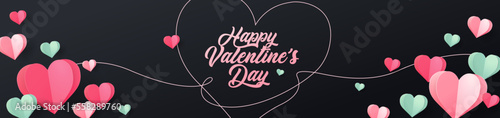 Valentine's day concept banner. Vector illustration. 3d red, pink and green paper hearts with frame on geometric background. Cute love sale banners or greeting cards, mobile apps, web.