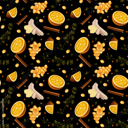 Spicy tea pattern. Spiced tea seamless background. Cartoon cinnamon, ginger, black paper, cardamon, clove and sea buckthorn. Packaging, menu design, and interior decorating. Vector illustration.