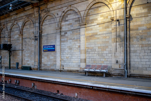 Beautiful Platforms at Edinburgh Waverley Train Station waiting for the trains arrive in Edinburgh , Scotland : 27 February 2018 photo