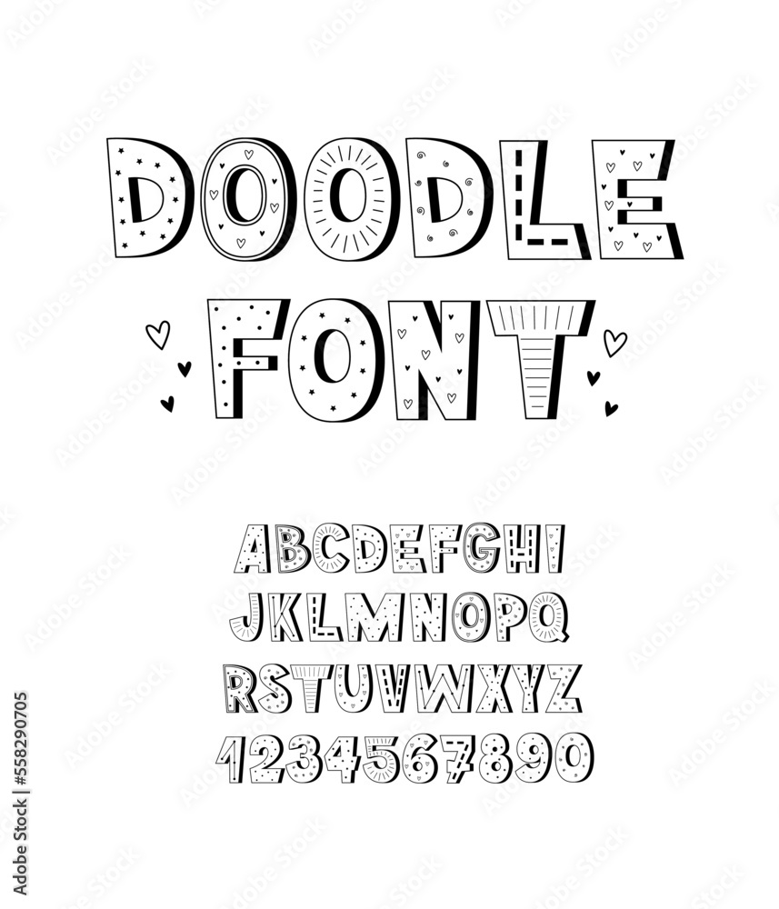 Fototapeta premium Doodle black and white font. Kids alphabet with decor. Cute english letters and numbers.