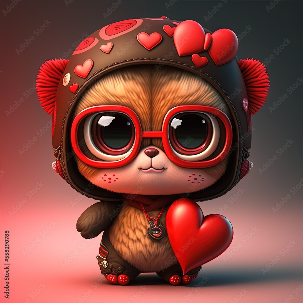 Fototapeta premium Valentine's Day Cute Animals, Kawaii, Generative AI