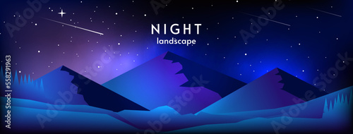 Vector illustration. Horizontal landscape with mountains, hills and forest. Beautiful night sky with stars and comets. Flat style.