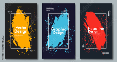 Set of vector illustrations. Art paint splash with frames and shapes. Design for poster, brochure, greeting card, postcard.