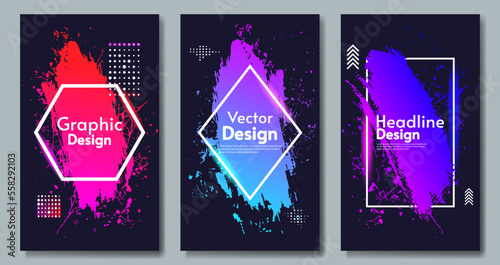 Set of poster illustrations. Art paint splash with neon frames. Bright gradient colors. Design for poster, brochure, banner, postcard, greeting card.