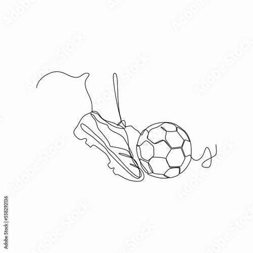 continuous line art of foot kicking ball on white background