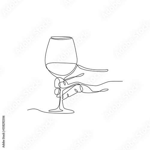 Draw one continuous line. Hand holding with wine glass. Vector illustration