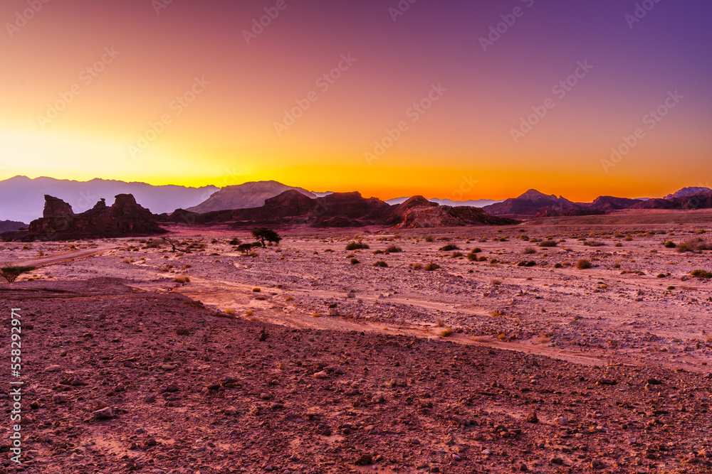 Sunrise view of the sphinx shaped rock, Timna desert park