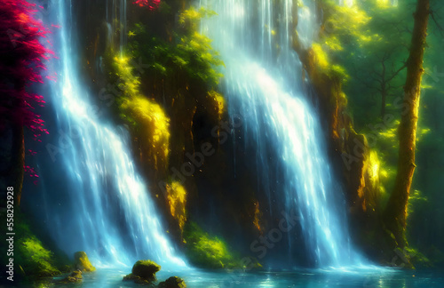 Artwork of a waterfall in a lush forest