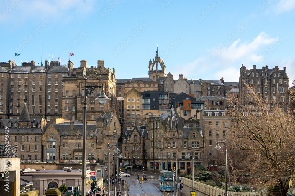 Beautiful view of Edinburgh old towns near train stations and  Prince Street Garden during winter evening at Edinburgh , Scotland : 27 February 2018