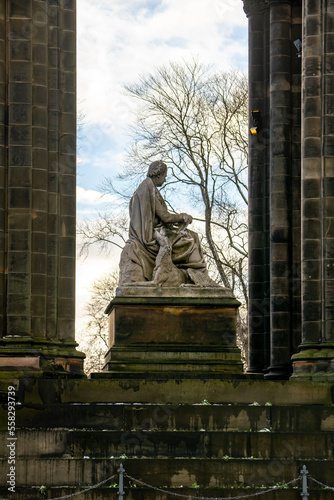 The Scott Monument , Victorian Gothic monument to Scottish author Sir Walter Scott near Prince street garden during winter evening at Edinburgh , Scotland : 27 February 2018