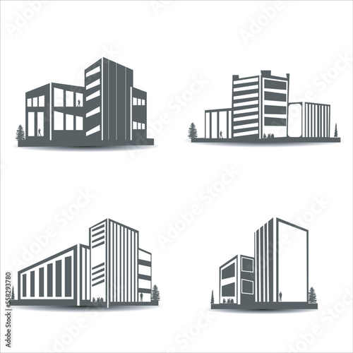 vector set of City silhouette in flat style. Modern urban landscape. Vector illustration. City skyscrapers building office, mall, hospital skyline on white background