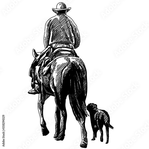 illustration of cowboy walking with his dog.