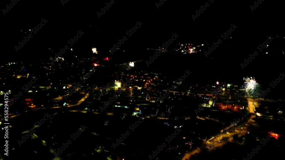 Neujahr in Lahr im Schwarzwald, Feuerwerk an Silvester. Small German town. Drone Shot from above. Neujahr in Lahr im Schwarzwald, Feuerwerk an Silvester. Small German town. Drone Shot from above.