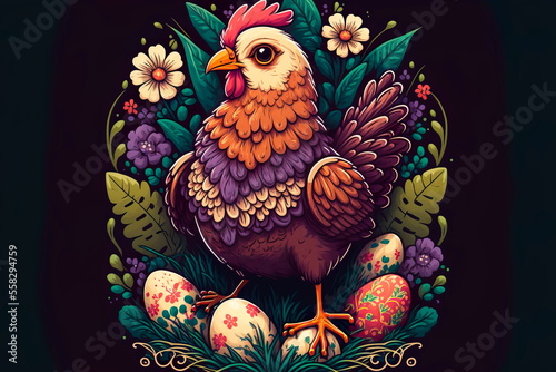 Easter Chicken with Easter Eggs and Floral Design.Generative AI © Лилия Захарчук