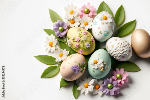 Easter eggs, flowers. Happy Easter, decorated easter card,