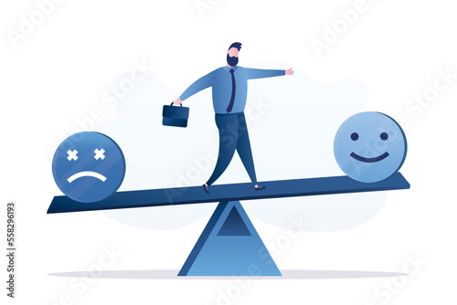 Businessman goes on seesaw from negative emotions to positive. Change to bright future or positive lifestyle. Ambition man change bad mood into good one. Mental health, psychological balance.