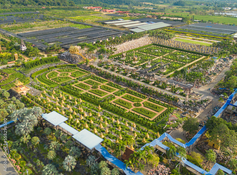 Aerial top view of green trees in Nong Nooch Tropical Garden Park. Green eco area in smart urban city at noon, Pattaya, Thailand. Environment nature landscape background.