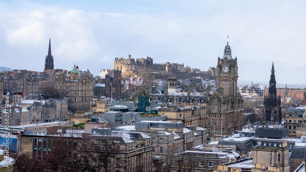 Calton Hill , Cityscape view of Edinburgh old town numerous monuments and buildings around during winter snow at Edinburgh , Scotland : 28 February 2018