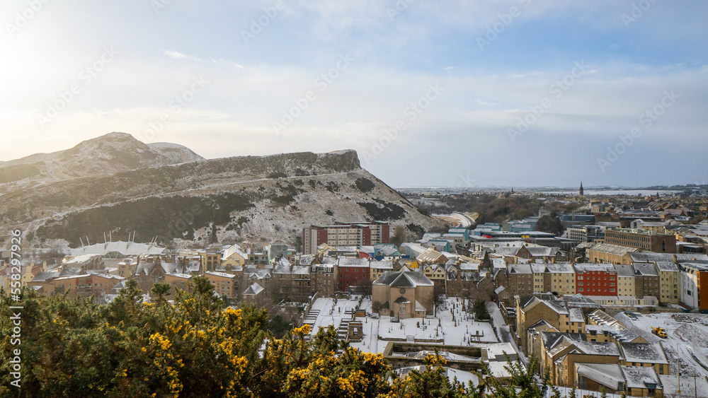 View of Arthur’s Seat from Calton Hill , Cityscape view of Edinburgh old town  during winter snow at Edinburgh , Scotland : 28 February 2018