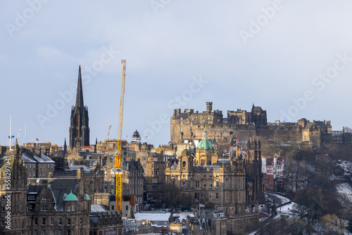 Calton Hill   Cityscape view of Edinburgh old town numerous monuments and buildings around during winter snow at Edinburgh   Scotland   28 February 2018