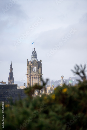 Calton Hill , Cityscape view of Edinburgh old town numerous monuments and buildings around during winter snow at Edinburgh , Scotland : 28 February 2018
