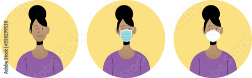 Face of young black woman flat vector set illustration, wearing a disposable surgical blue mask and a FFP2 KN95 white mask. Isolated character close-up. Protecting yourself during covid-19 pandemic. 
