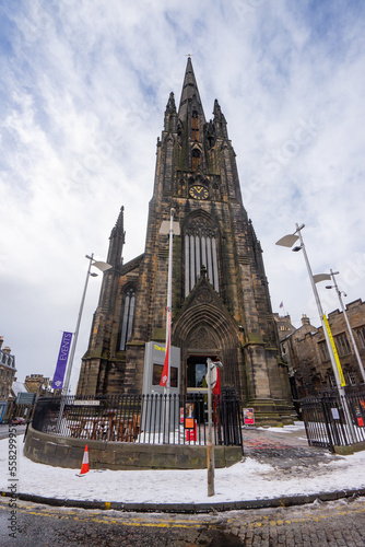 Tolbooth Kirk or The Hub at The Royal Miles Street , Historic streets in Edinburgh old towns during winter snow afternoon at Edinburgh , Scotland : 28 February 2018 photo