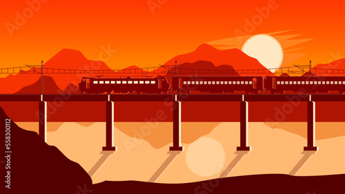 Travel train, steam locomotive, vacation, mountain landscape, railway, adventure. Sunset sky vector