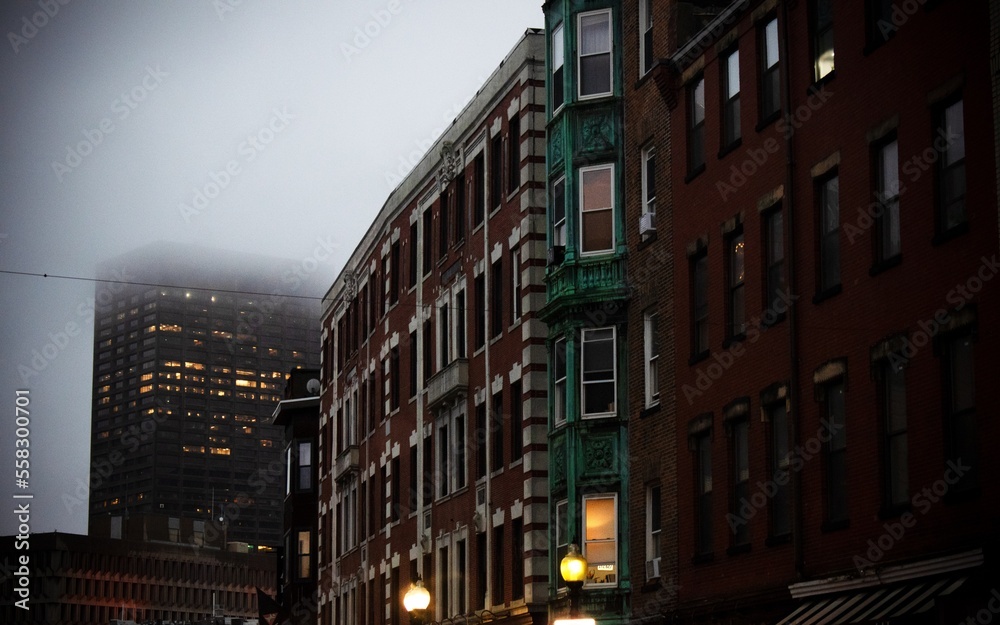 BEAUTIFUL BUILDINGS IN BOSTON WITH A FOGGY SKY