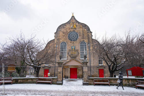Canongate Kirk , Historic Parish Church near The Royal Miles street in Edinburgh old town during winter snow at Edinburgh , Scotland : 28 February 2018 photo