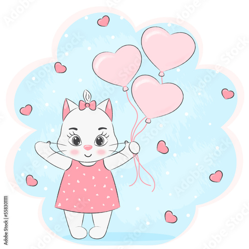on blue background cat with heart balloons valentino day