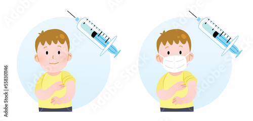 Young child patient getting vaccinated with syringe. Isolated character vector illustration.  International vaccination campaign for children. Boy with and without ffp2 white mask showing his arm.