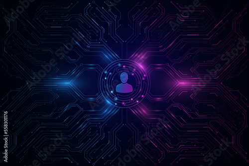 Modern user interface with glowing cpu board. Storage of network user data. UI and UX design. Hi-tech background. Vector illustration